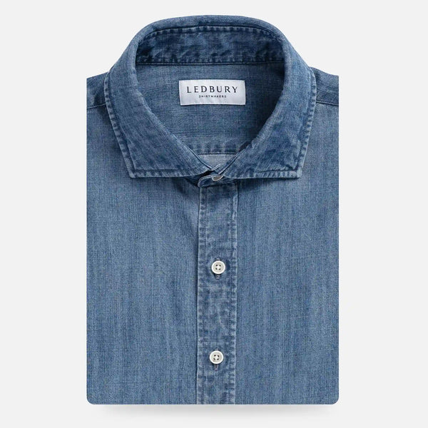 Blue Easton Tencel denim shirt front view - lightweight custom casual shirt