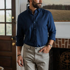 Man wearing indigo denim shirt - Ledbury Lisden custom fit