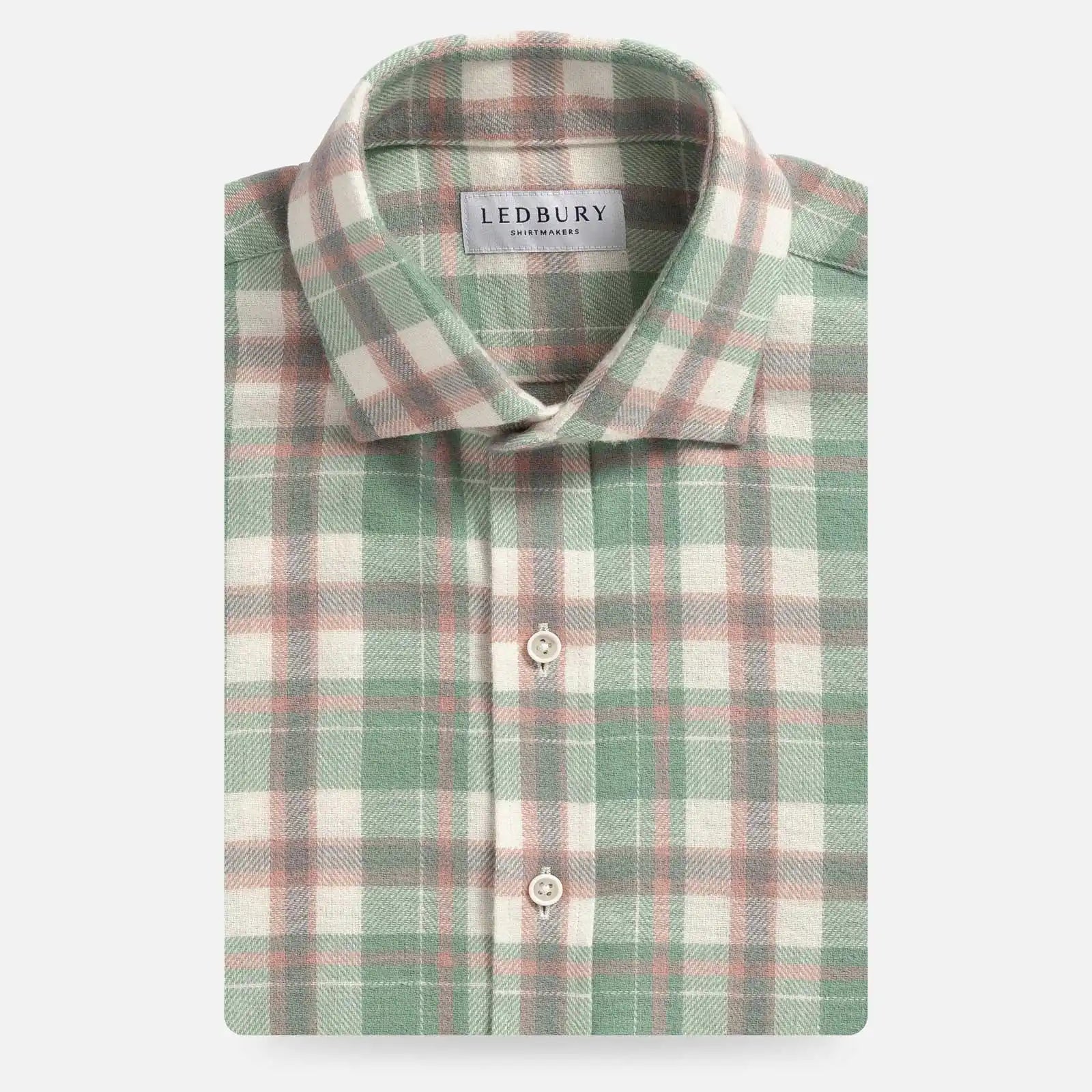 Soft Sage Norland Flannel custom shirt in brushed herringbone - cream with sage and pink plaid front view