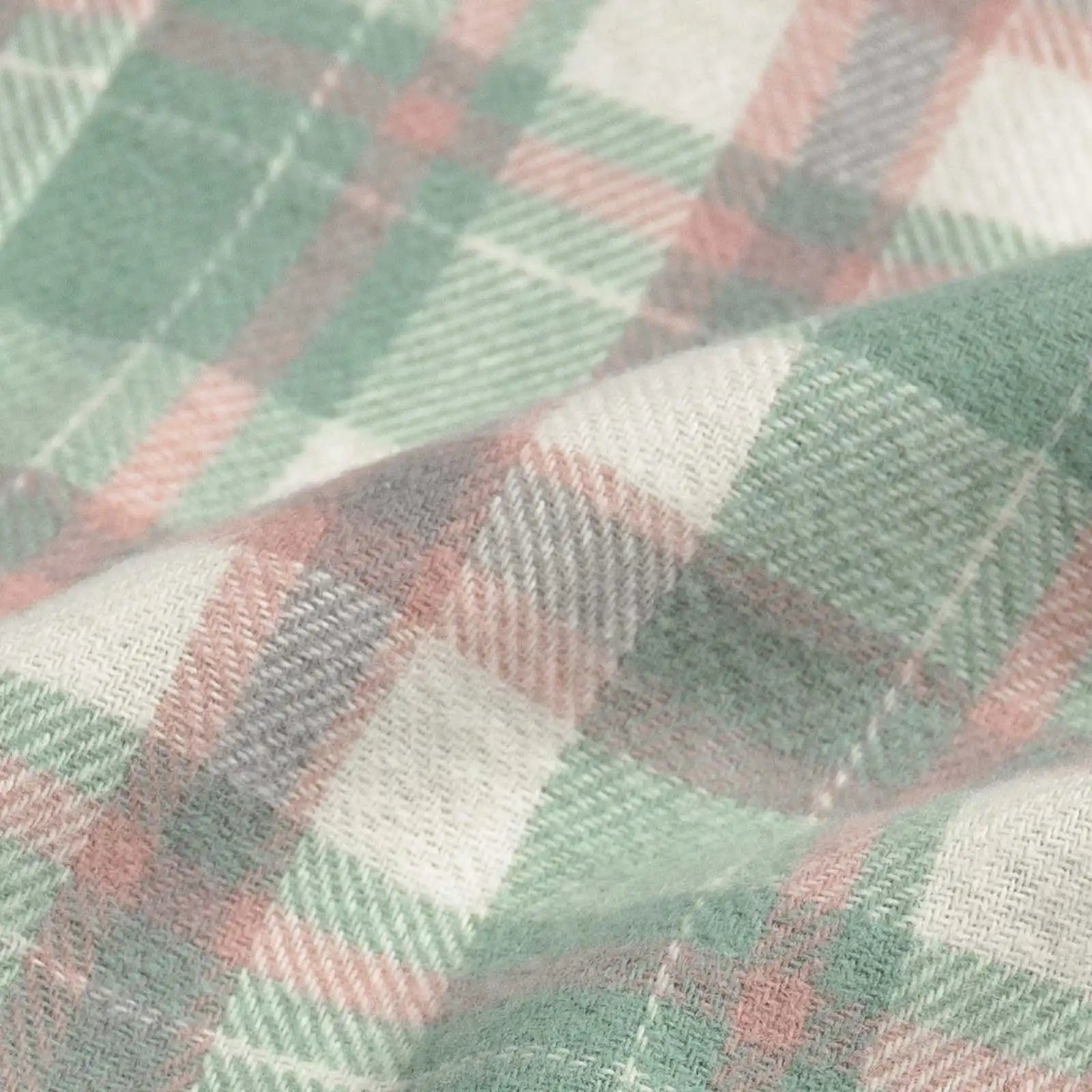 Norland Flannel fabric swatch - 100% cotton brushed herringbone in soft cream sage and pink plaid