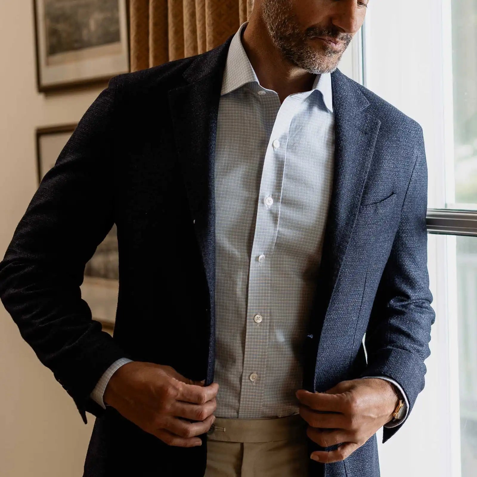 Light Blue Burrell twill shirt detail - Albini 100% cotton micro check