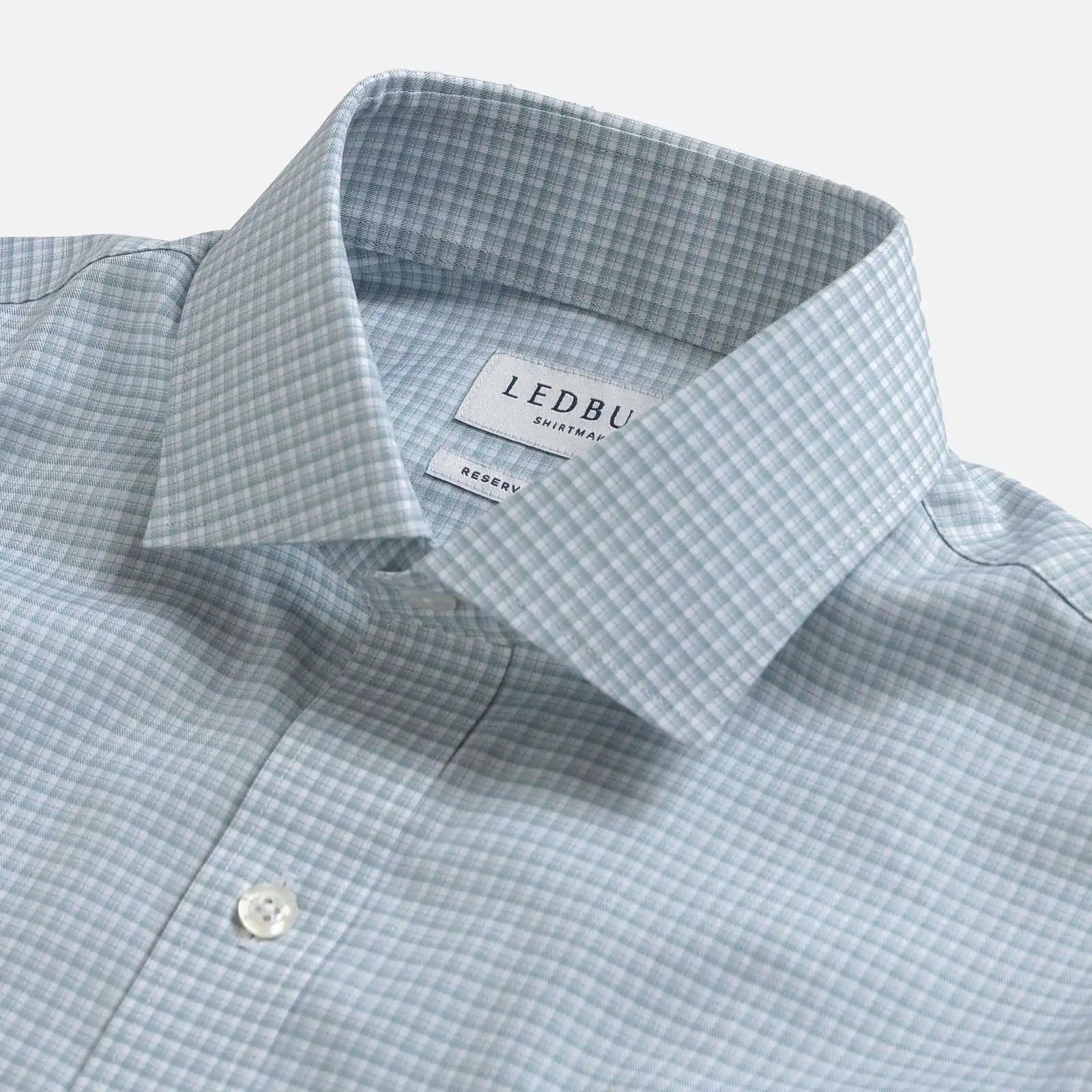 Light Sage Burrell twill shirt collar detail - Albini 100% cotton micro check