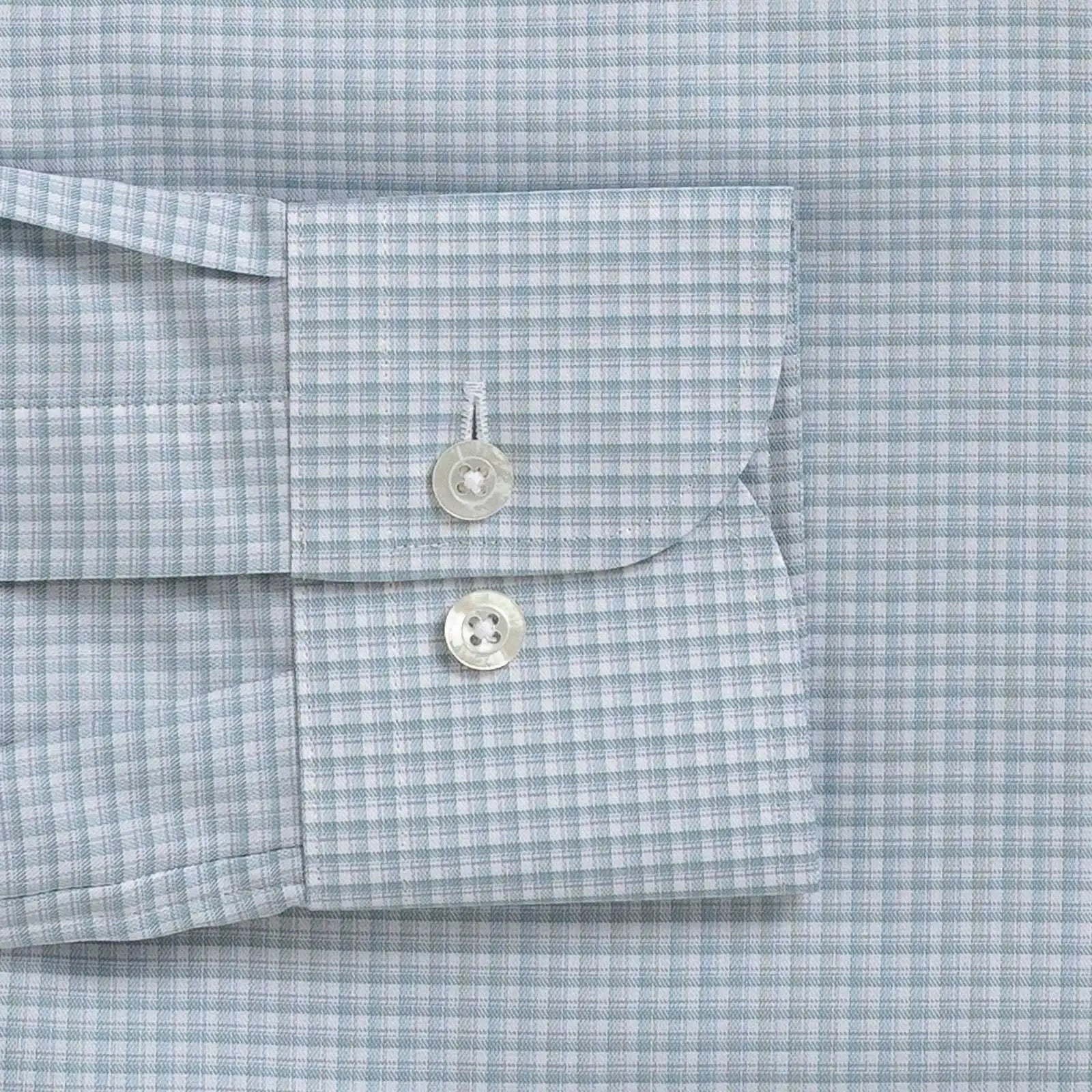 Burrell Twill shirt sleeve detail - light sage micro check with mother-of-pearl buttons