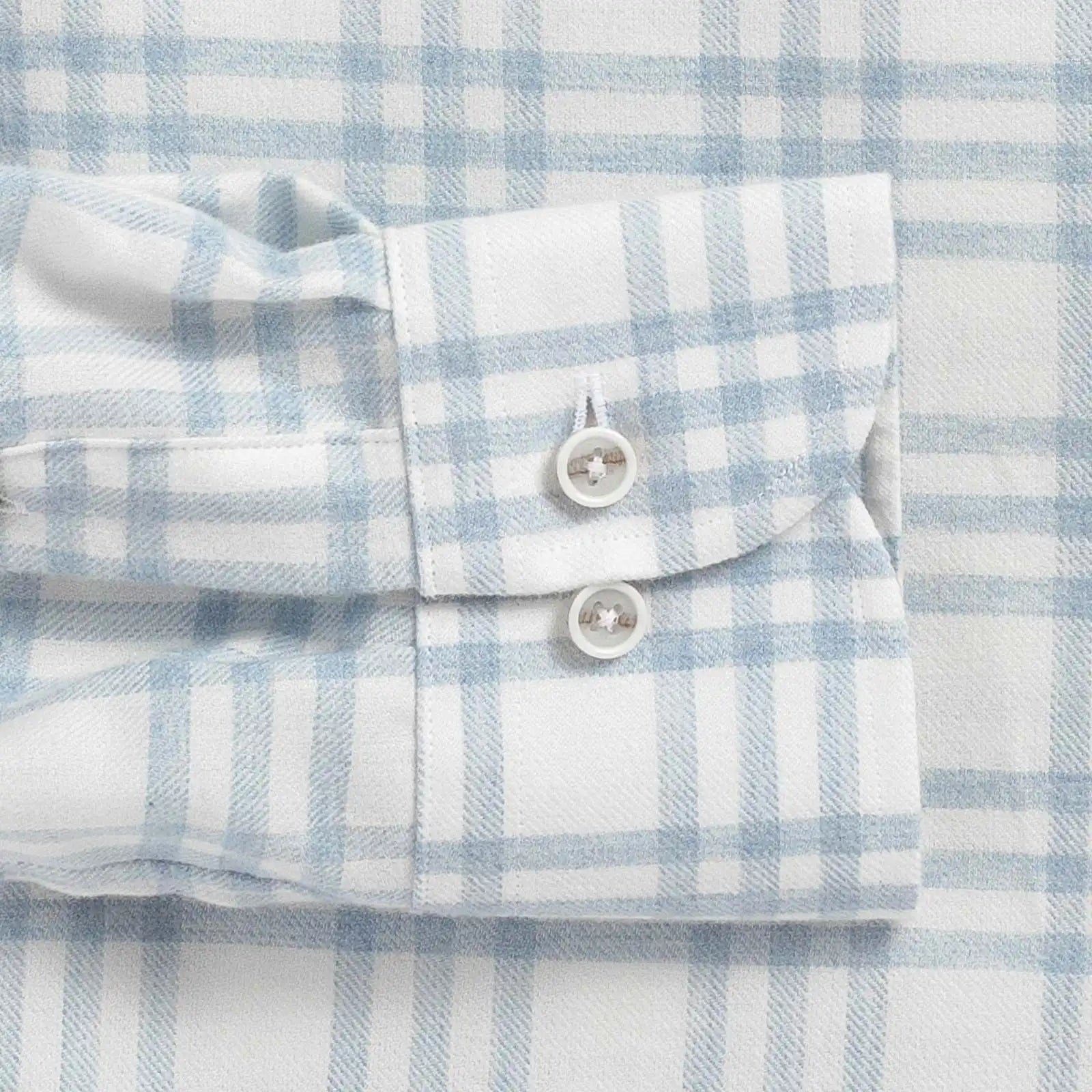 Soft Blue Arcadian shirt collar detail - midweight brushed cotton with white rim buttons