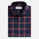 Crimson Gannon flannel custom shirt front view - navy and crimson windowpane plaid