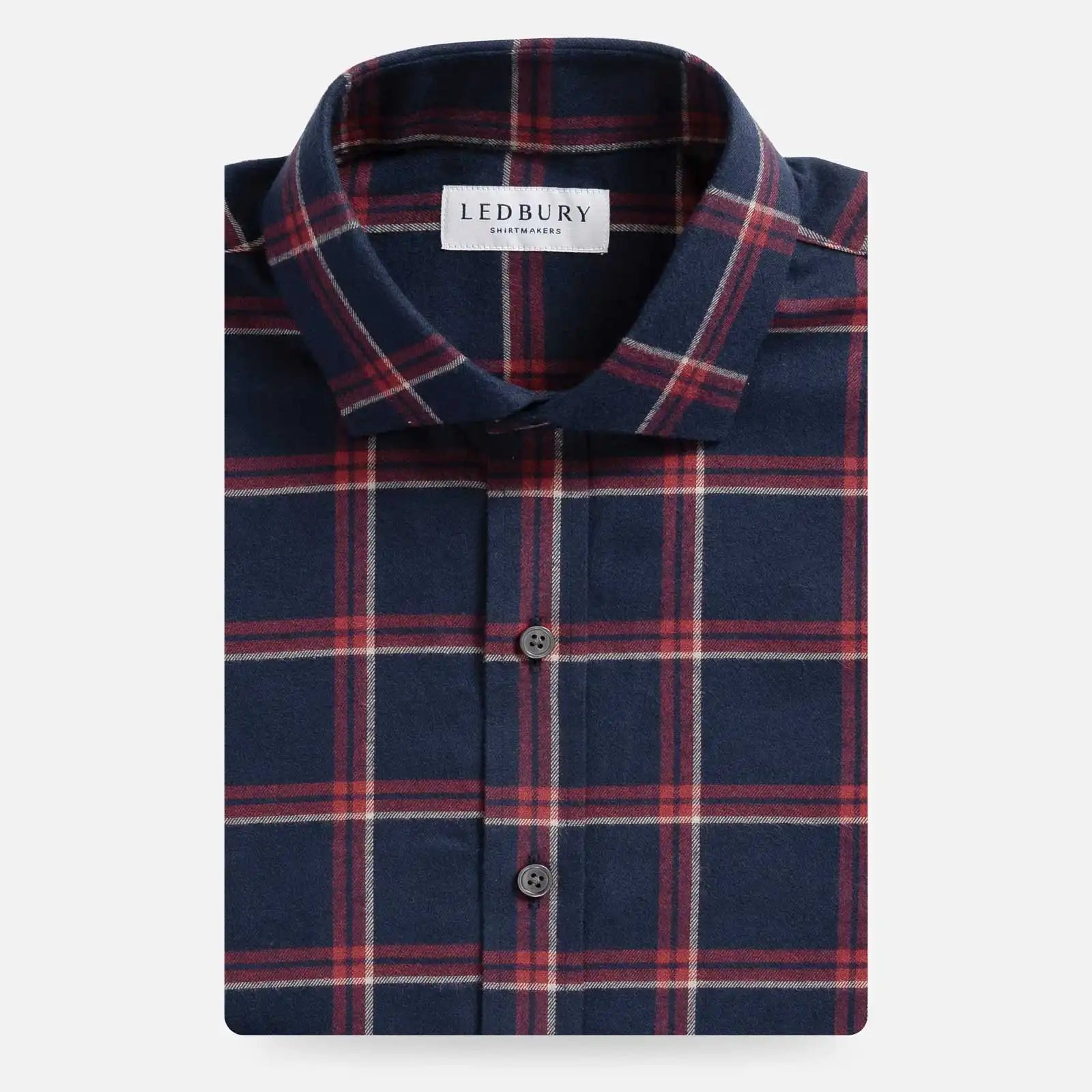 Crimson Gannon flannel custom shirt front view - navy and crimson windowpane plaid