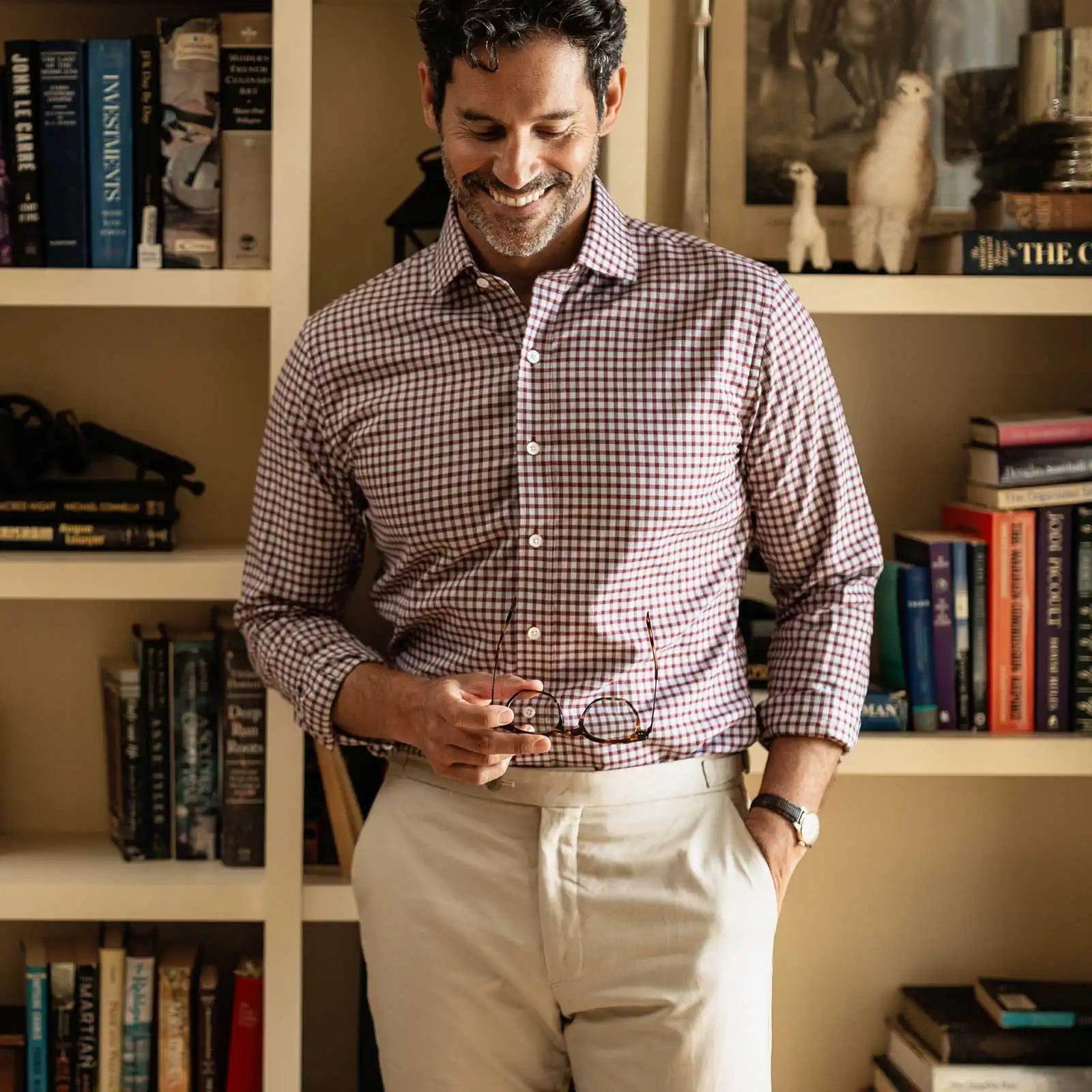 Red Britton check shirt on a model - Thomas Mason 100% cotton twill