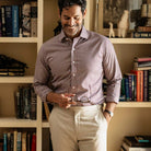 Red Britton check shirt on a model - Thomas Mason 100% cotton twill
