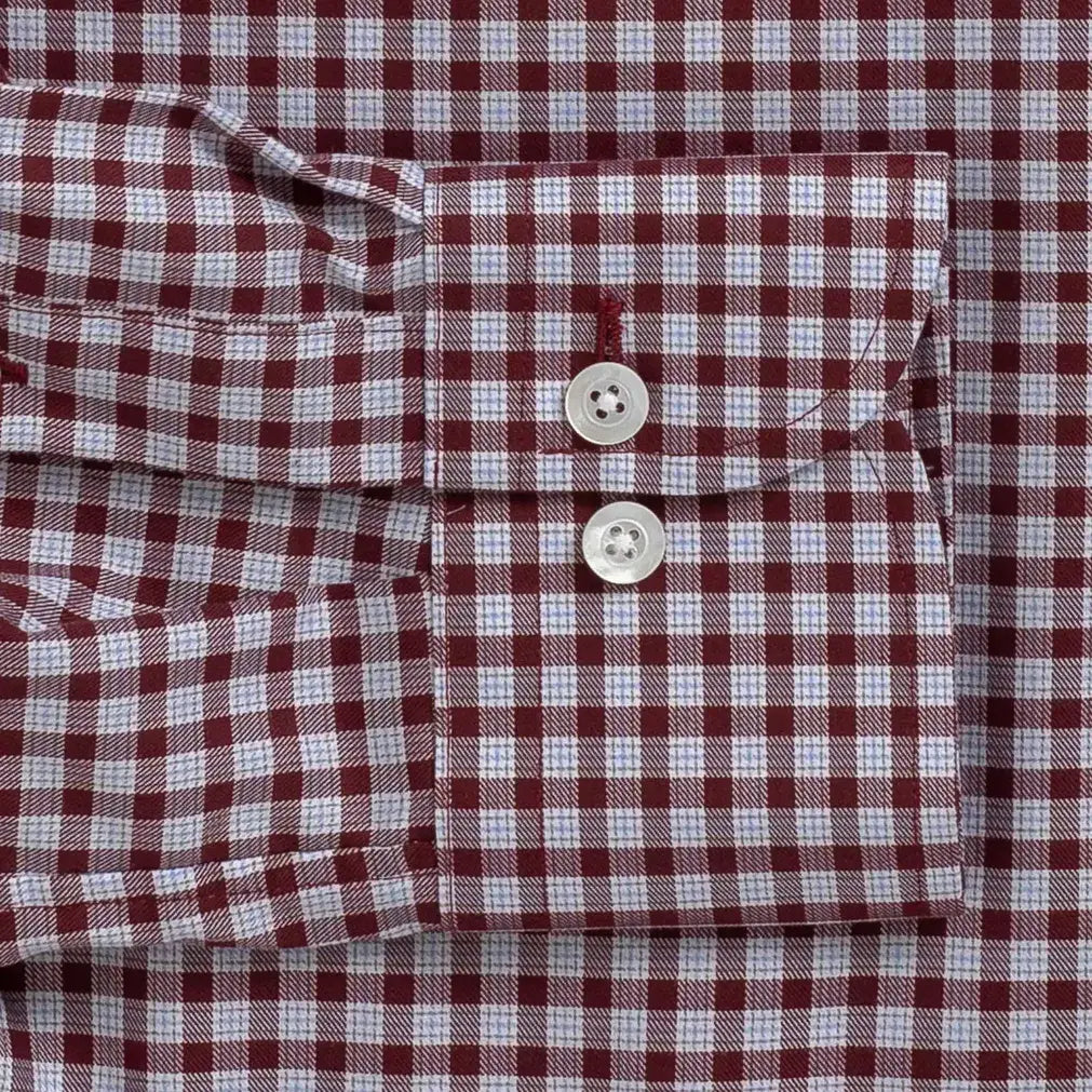 Red Britton shirt collar detail - Thomas Mason twill with mother-of-pearl buttons