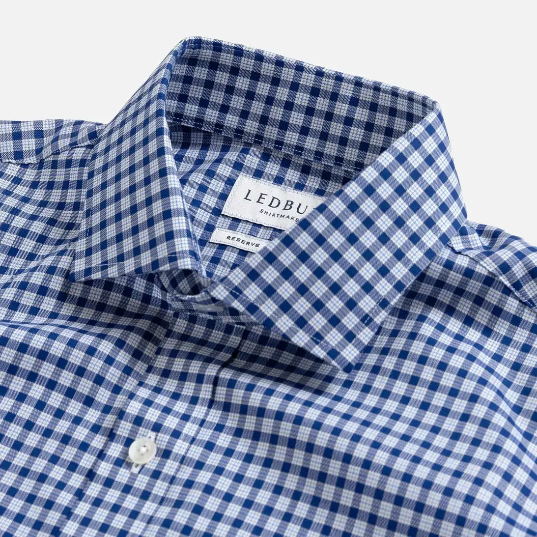 Britton Twill shirt collar detail - blue check with mother-of-pearl buttons