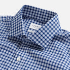 Britton Twill shirt collar detail - blue check with mother-of-pearl buttons
