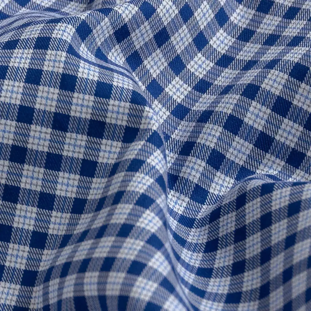 Blue check fabric close-up - Ledbury Britton Thomas Mason twill