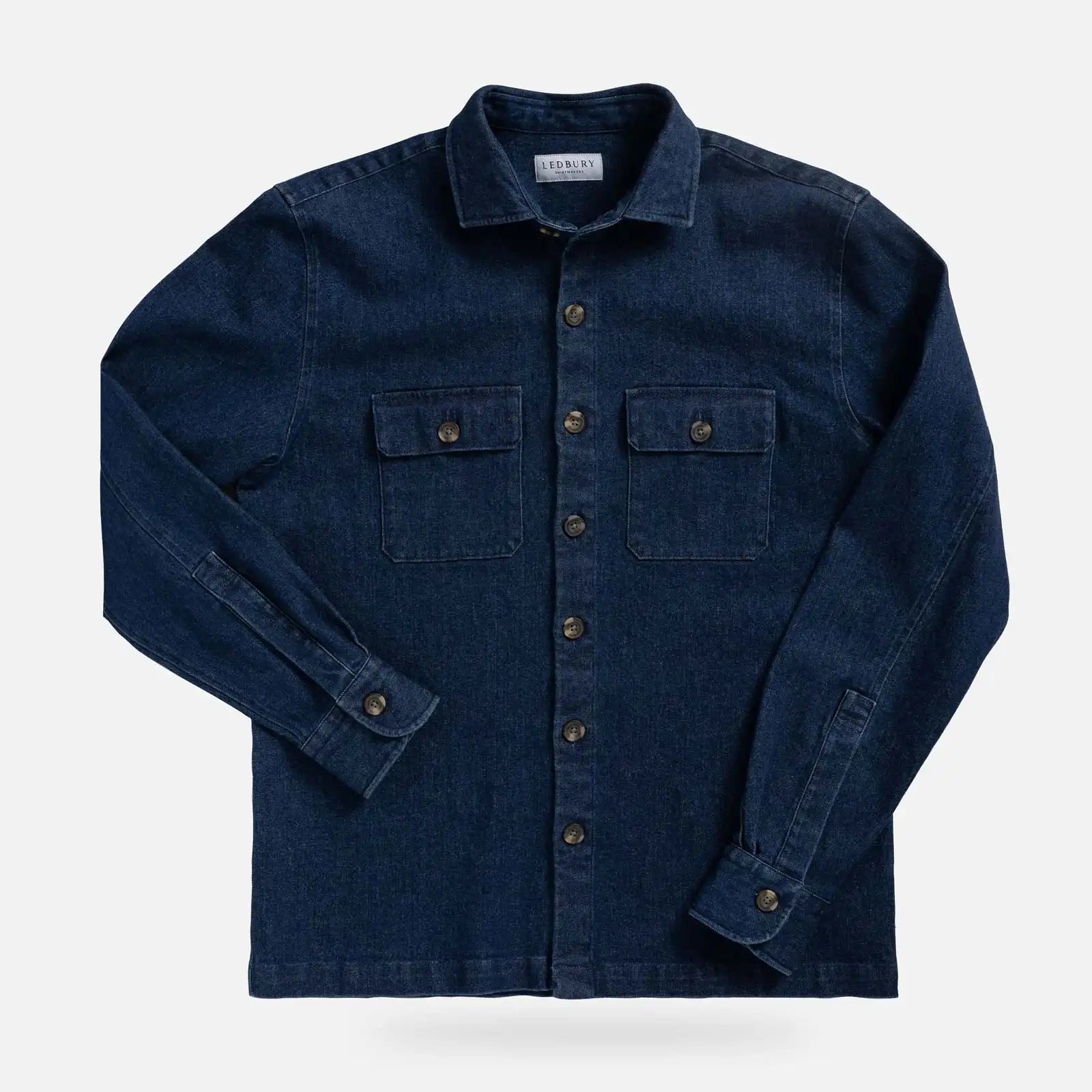 Indigo stretch denim shirt jacket front view - heavyweight custom layering piece