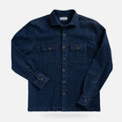 Indigo stretch denim shirt jacket front view - heavyweight custom layering piece