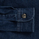 Indigo stretch denim shirt jacket sleeve and cuff detail - single button barrel cuff