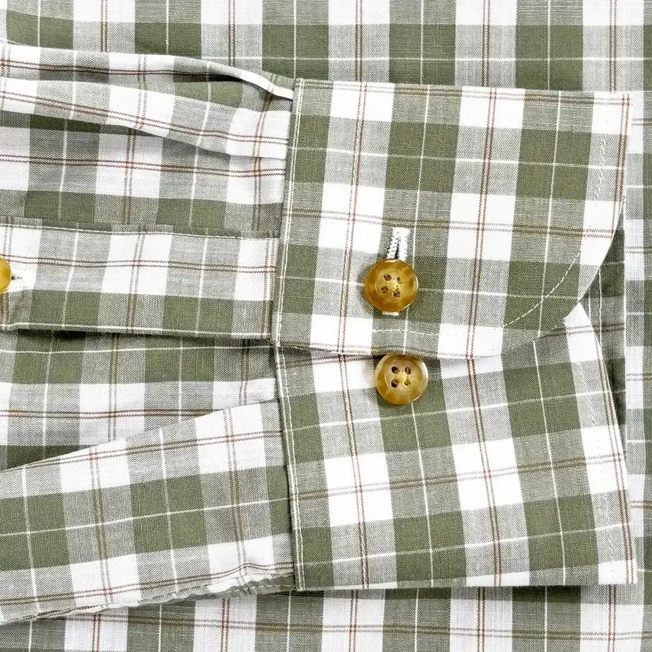 Erwood Check shirt sleeve detail - olive and brown plaid with horn khaki buttons
