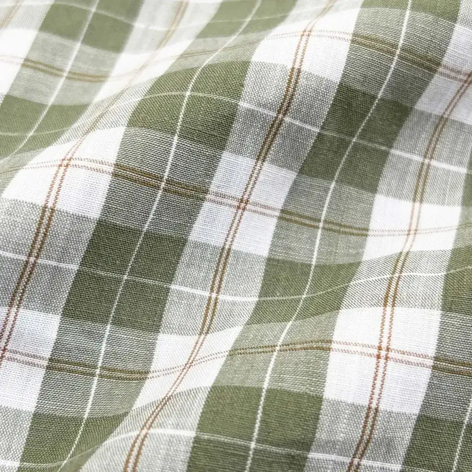 Soft olive plaid fabric close-up - Ledbury Erwood Albini-woven lightweight poplin