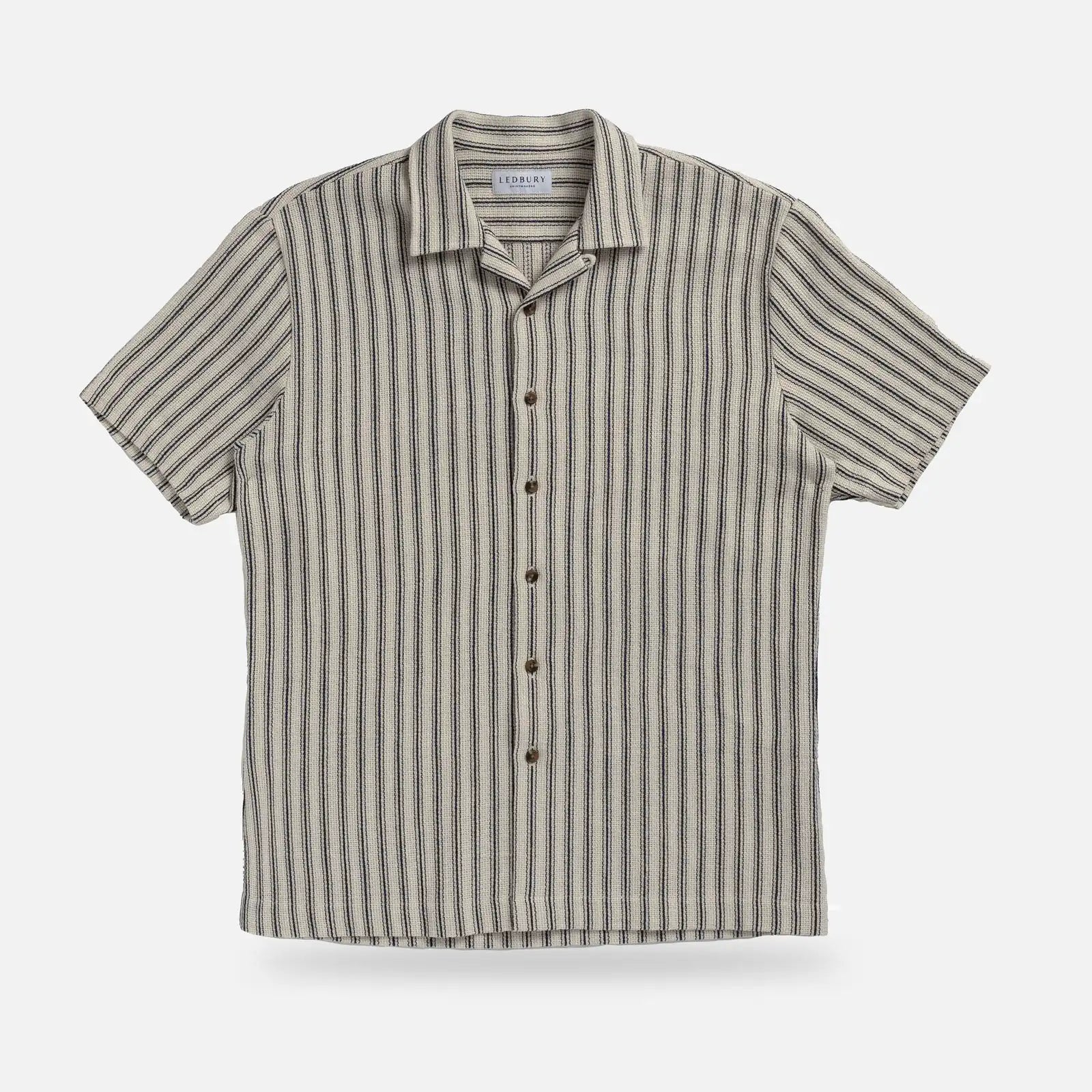 Ledbury Navy Costa Stripe Camp Collar shirt — front view