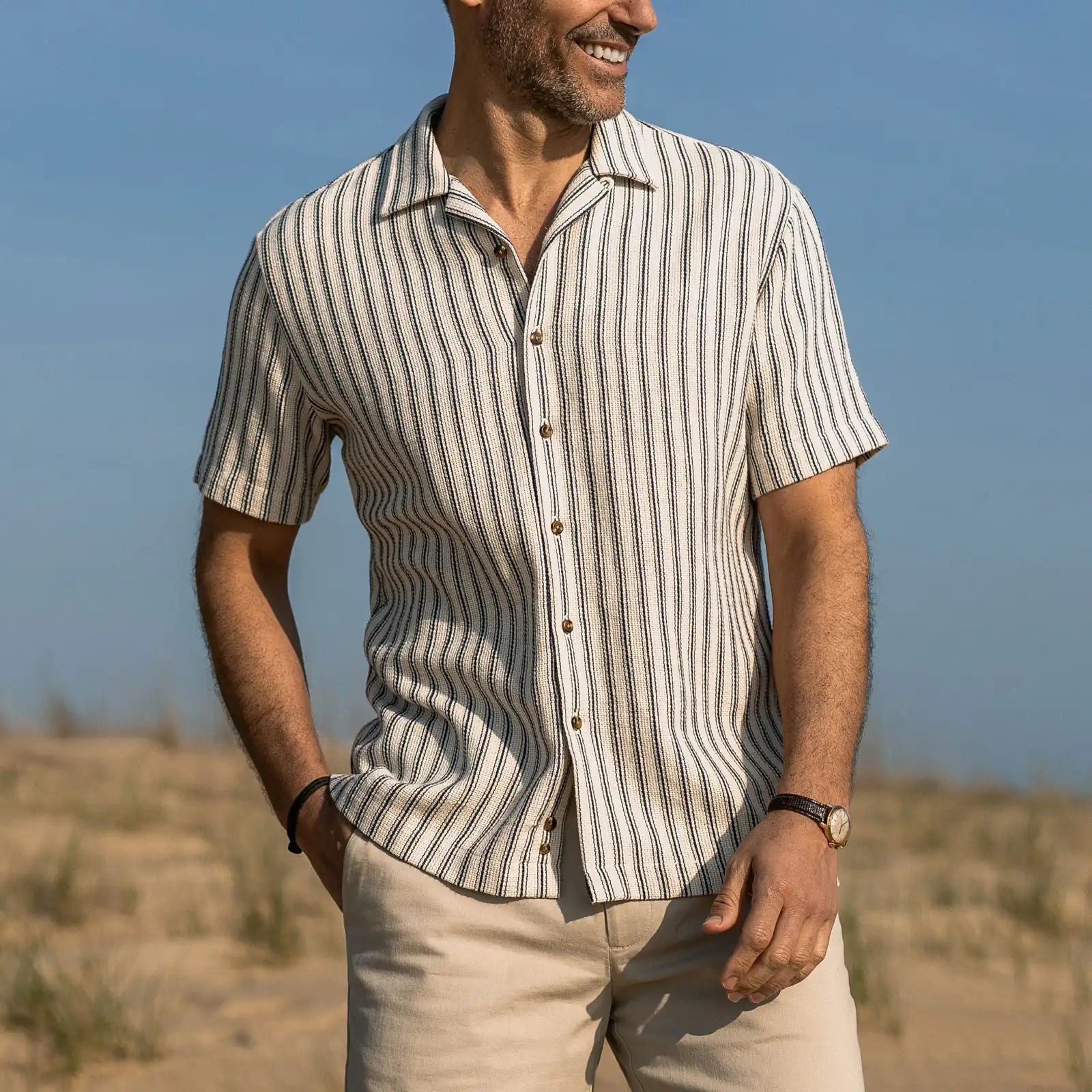 Ledbury Navy Costa Stripe Camp Collar shirt — lifestyle shot