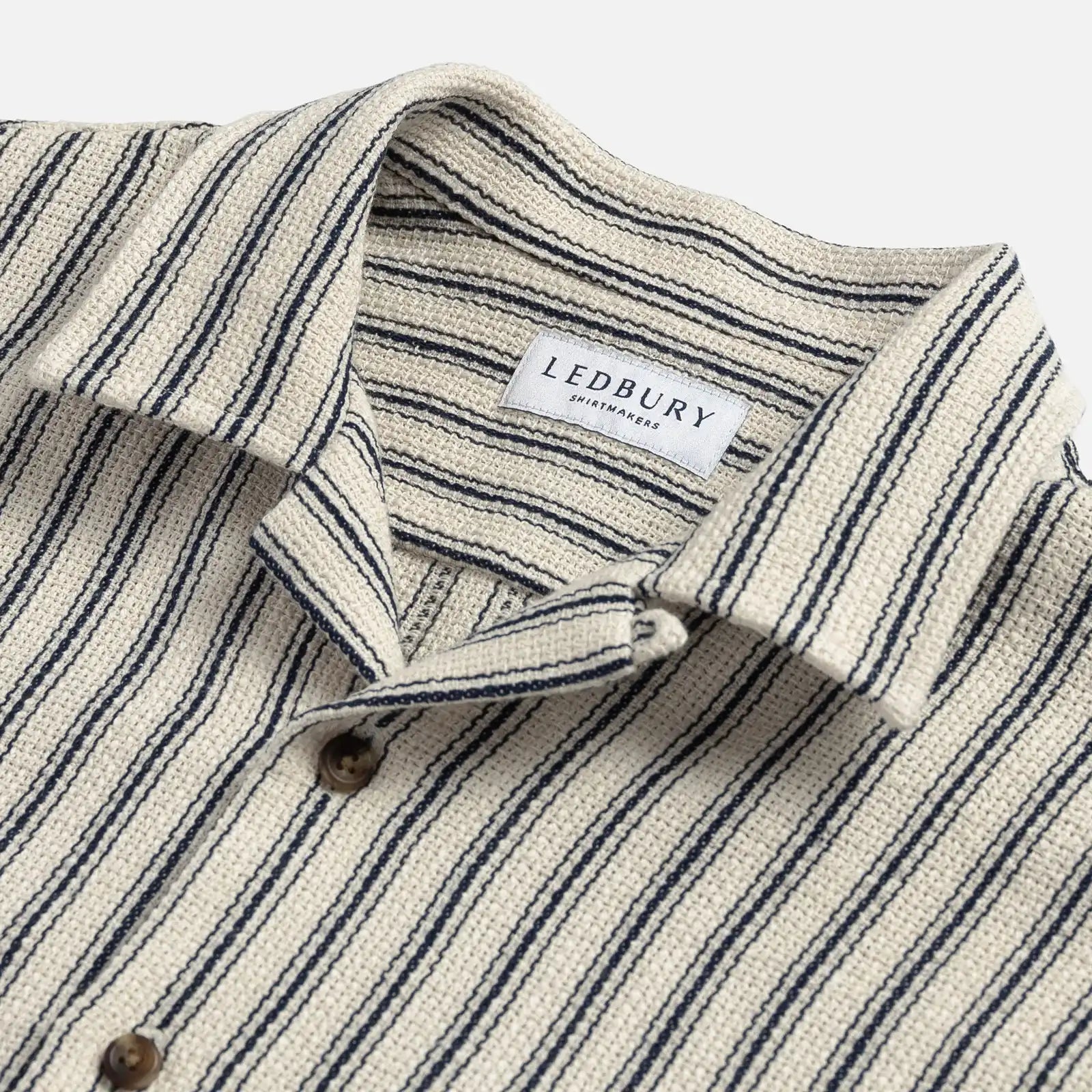 Ledbury Navy Costa Stripe Camp Collar shirt — collar detail