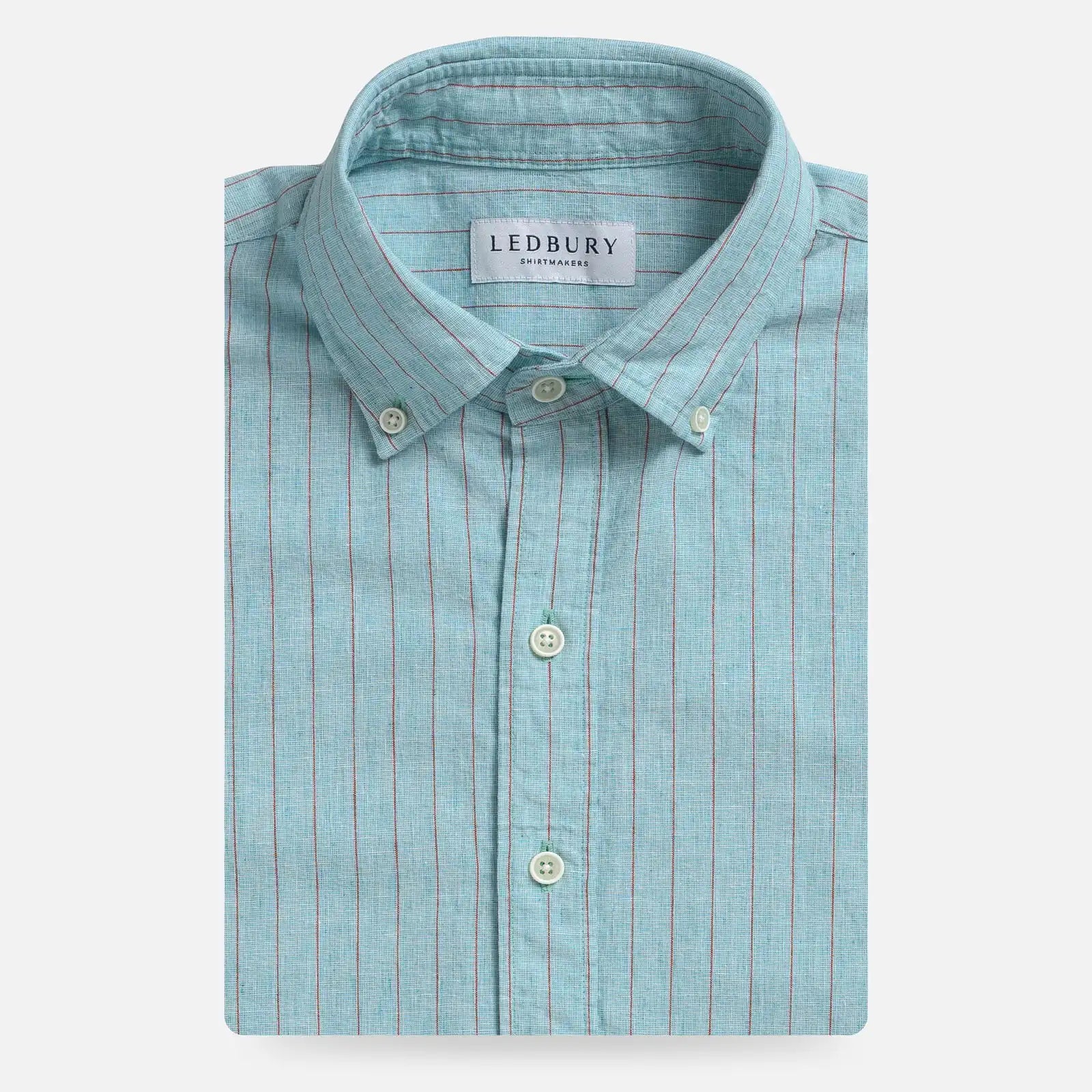 Sea green stripe cotton-linen custom shirt, front view
