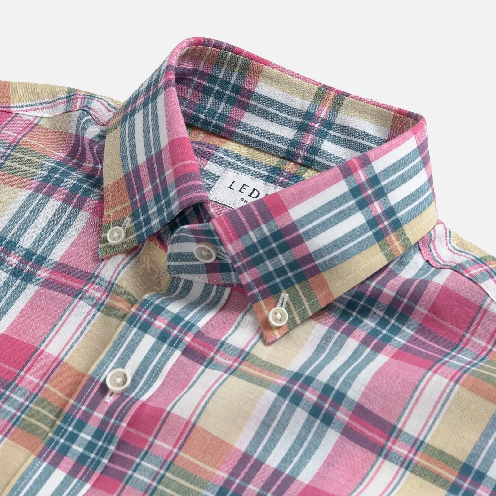 Ledbury Pink Leclair Madras Plaid shirt — collar detail