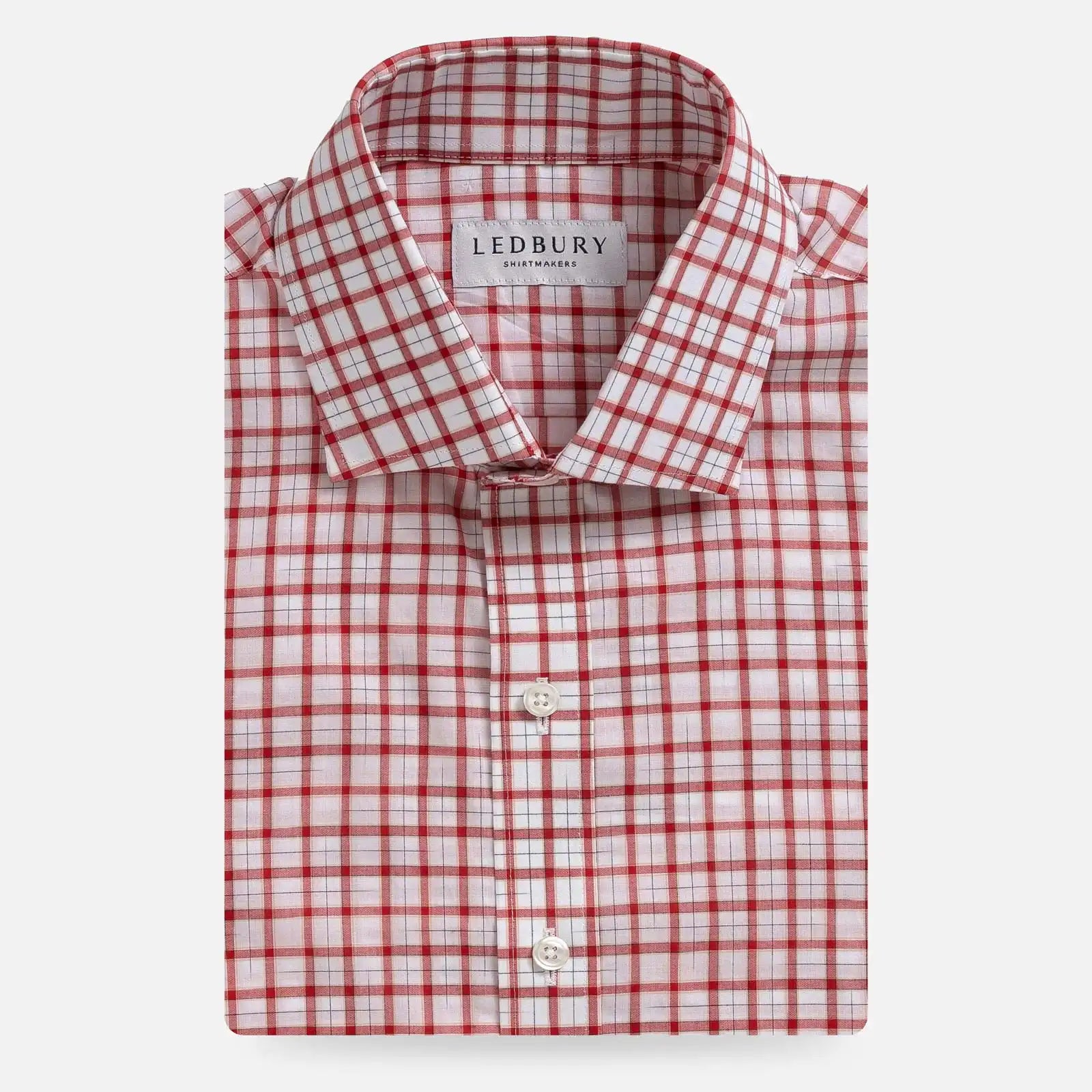 Ledbury Red Guyer Check Custom Shirt folded, red tattersall check on white cotton poplin with semi spread collar