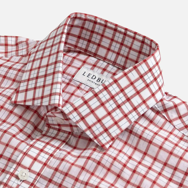 Ledbury Red Guyer Check Custom Shirt — semi spread collar detail on red tattersall check poplin