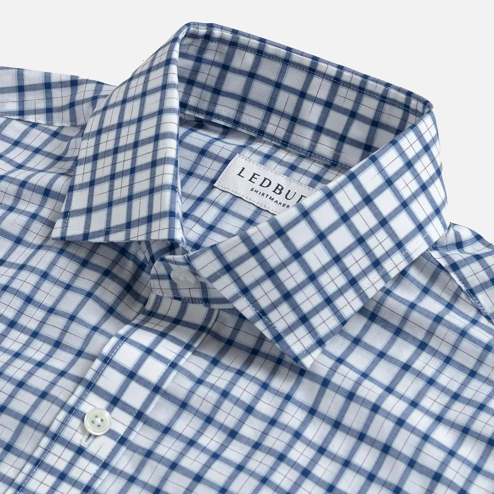 Ledbury Blue Guyer Check Custom Shirt — semi spread collar detail on blue tattersall check cotton poplin