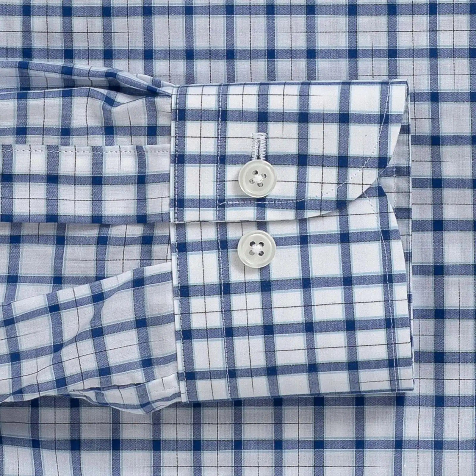 Ledbury Blue Guyer Check Custom Shirt — double button barrel cuff detail on blue tattersall check poplin