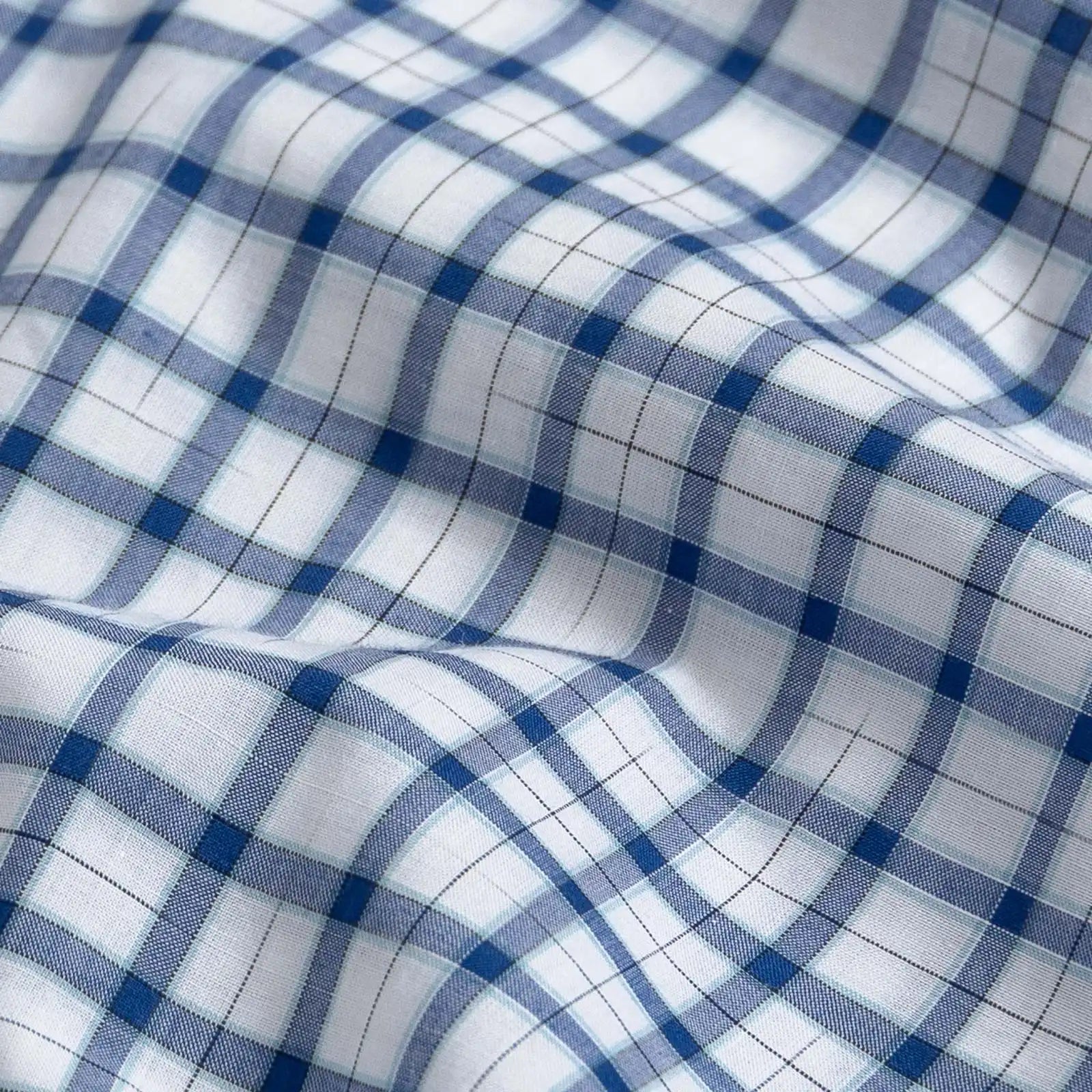 Ledbury Blue Guyer Check shirt fabric — ultra-lightweight 100% cotton poplin with bold blue tattersall check