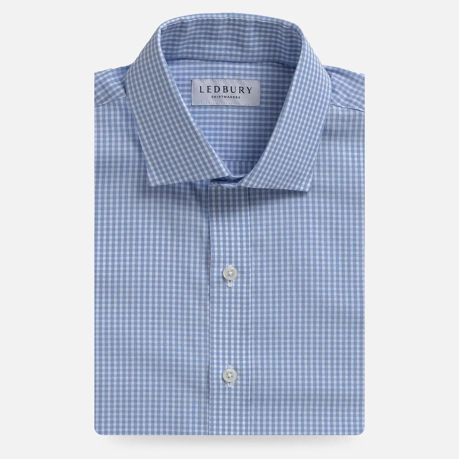 Ledbury Blue Garnaby Gingham Custom Shirt folded flat, blue gingham on lightweight cotton poplin with semi spread collar