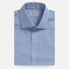 Ledbury Blue Garnaby Gingham Custom Shirt folded flat, blue gingham on lightweight cotton poplin with semi spread collar