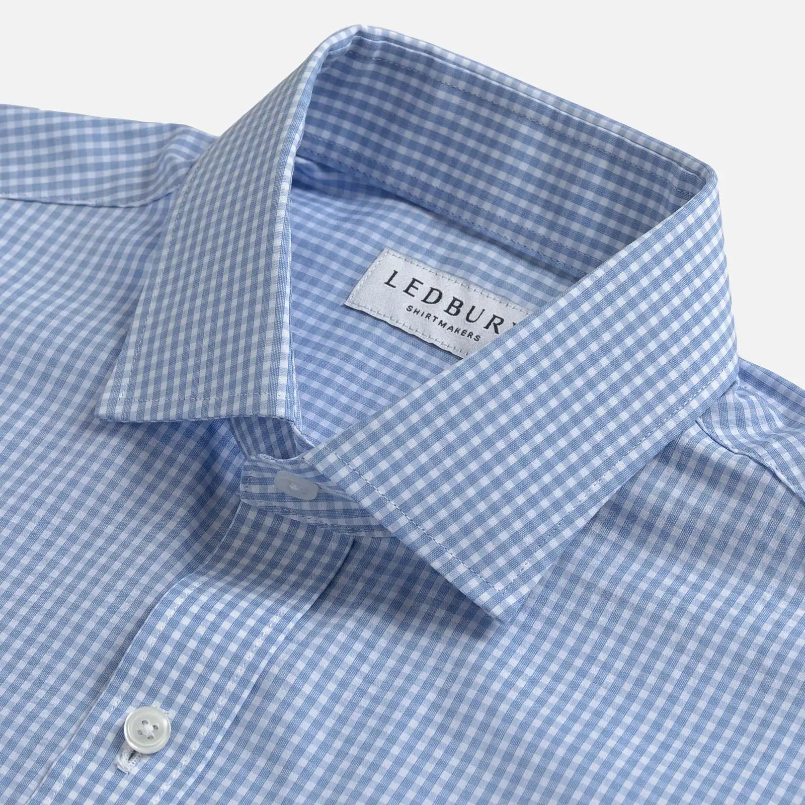 Ledbury Blue Garnaby Gingham Custom Shirt — semi spread collar detail on blue gingham cotton poplin