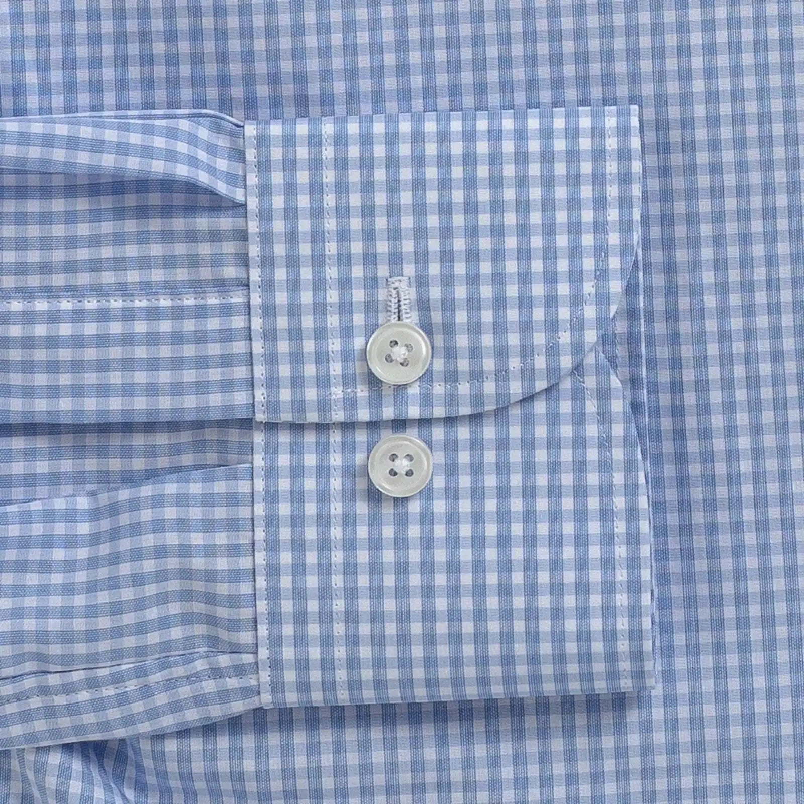 Ledbury Blue Garnaby Gingham Custom Shirt — double button barrel cuff detail on blue gingham poplin