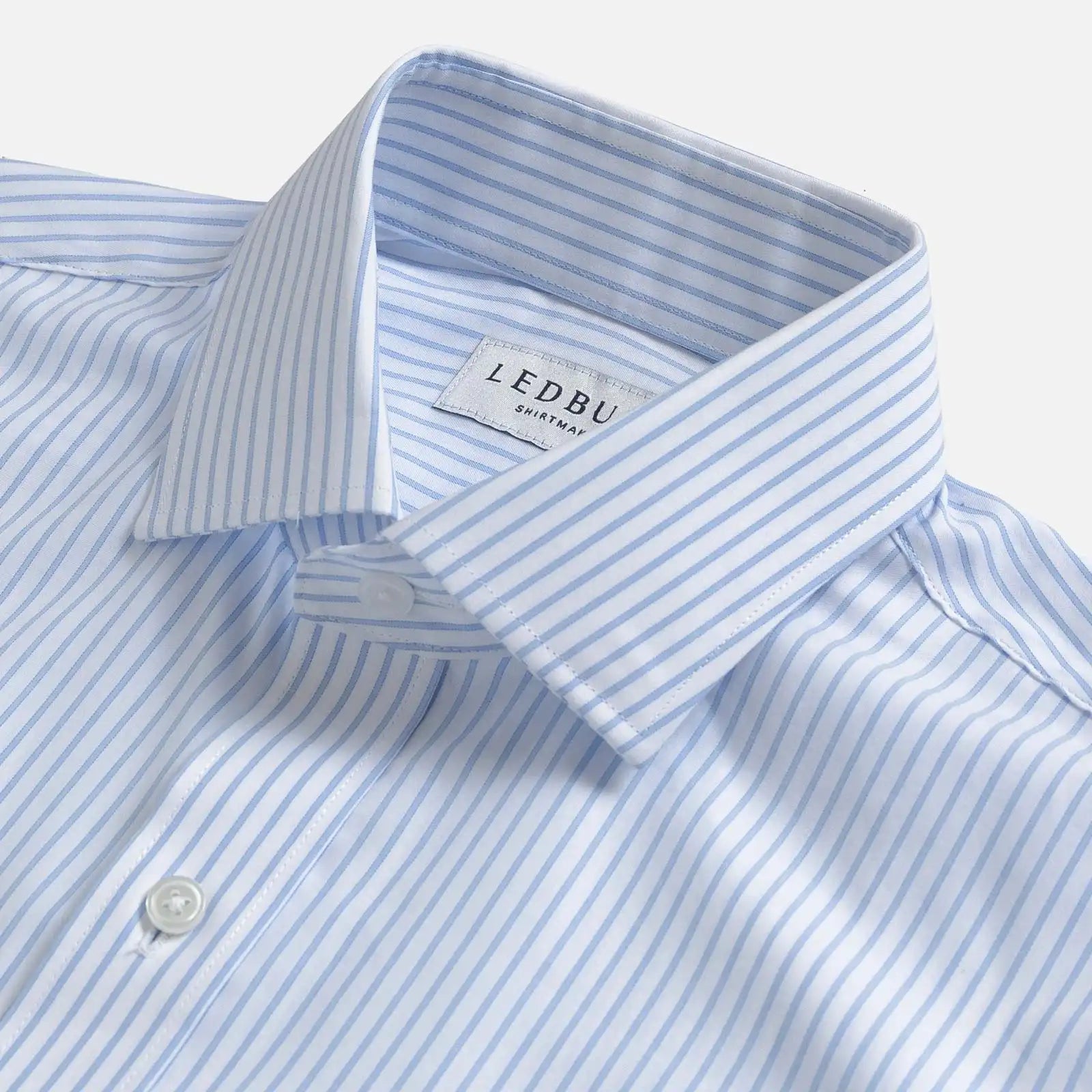 Light blue Tindley Stripe collar detail - semi spread quint collar