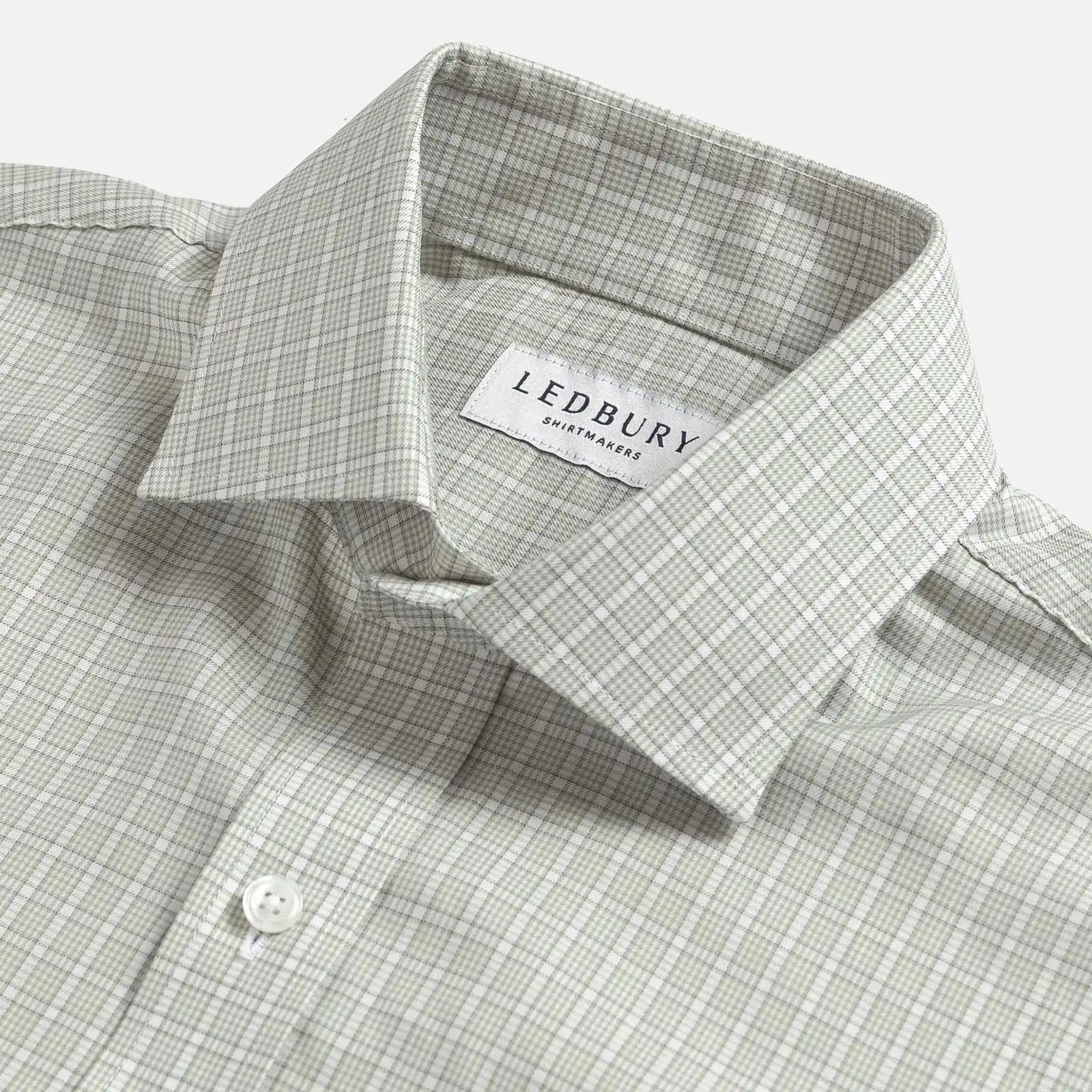 Light sage Baldwick Check shirt collar detail - semi spread quint collar close-up
