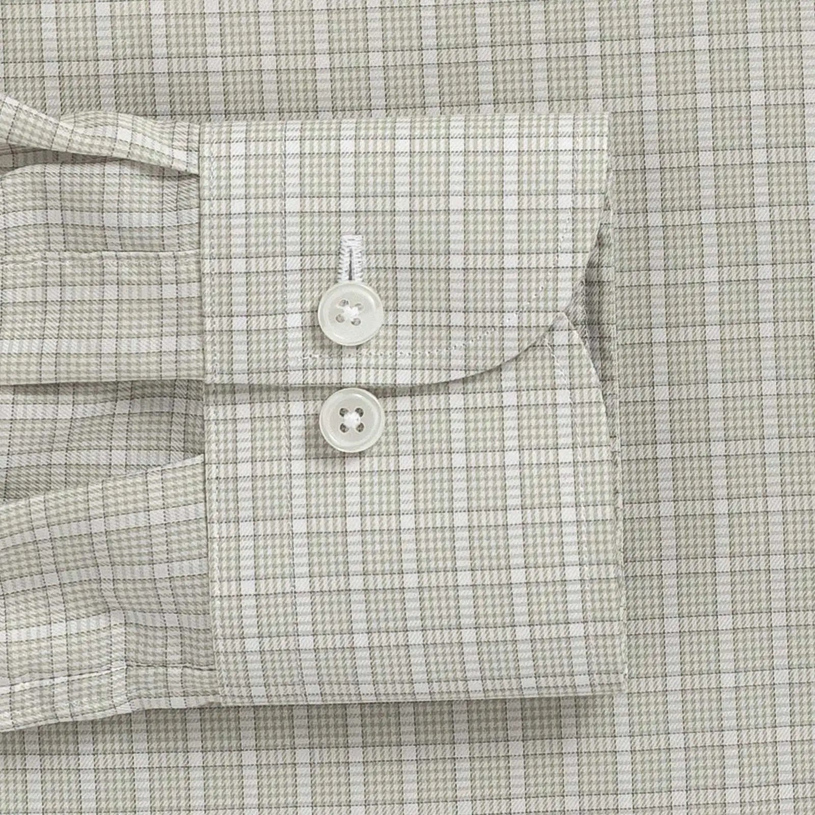 Light sage Baldwick Check custom shirt - semi spread collar and sleeve close-up