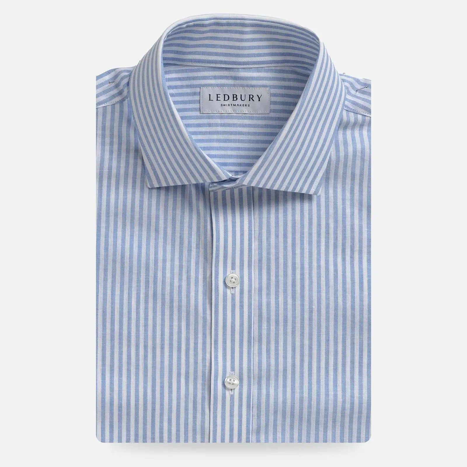 Light blue Sondra Cotton Linen Stripe custom dress shirt - Ledbury front view
