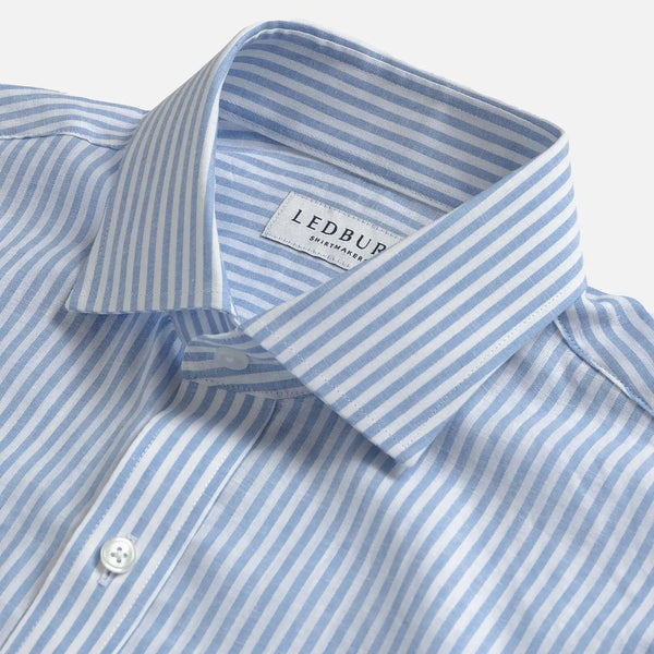 Light blue Sondra Cotton Linen Stripe shirt collar detail - semi spread quint collar close-up