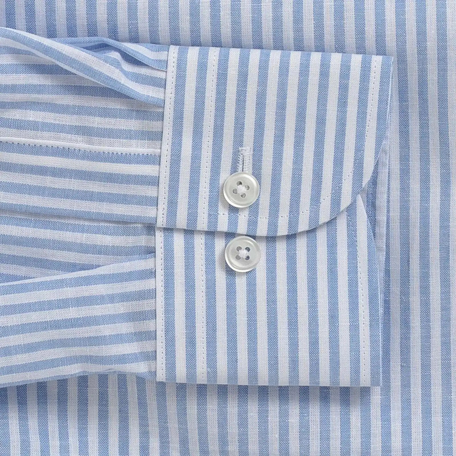 Light blue Sondra Cotton Linen Stripe custom shirt - sleeve and cuff close-up
