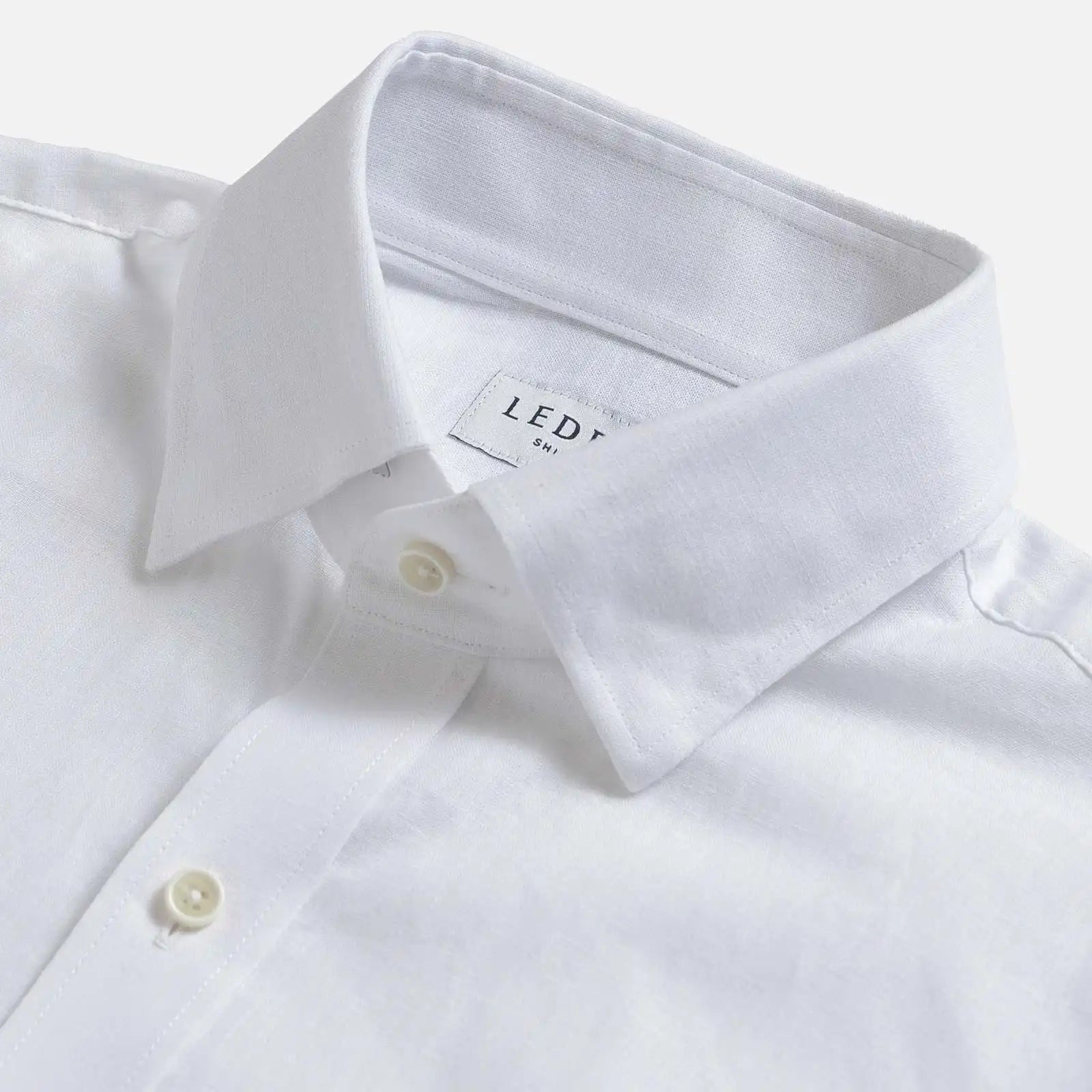 White Culley Cotton Linen shirt collar detail - hidden button down collar close-up