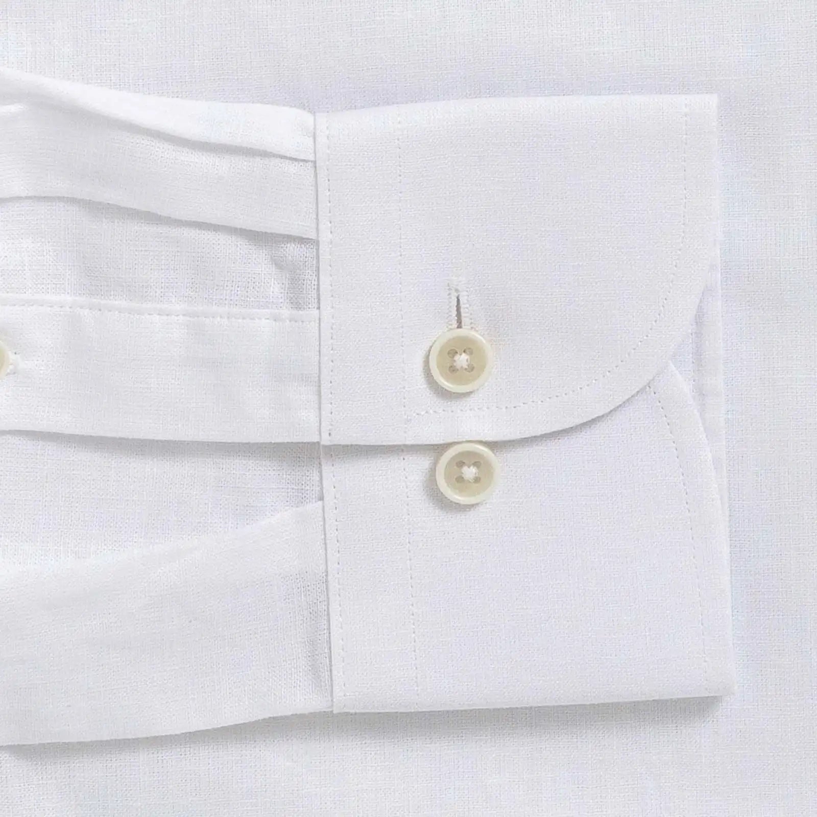 White Culley Cotton Linen custom shirt - hidden button down collar and sleeve close-up
