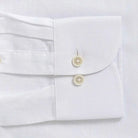 White Culley Cotton Linen custom shirt - hidden button down collar and sleeve close-up