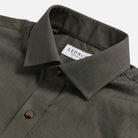 Dark olive Varley Cotton Linen shirt collar detail - button-down collar close-up