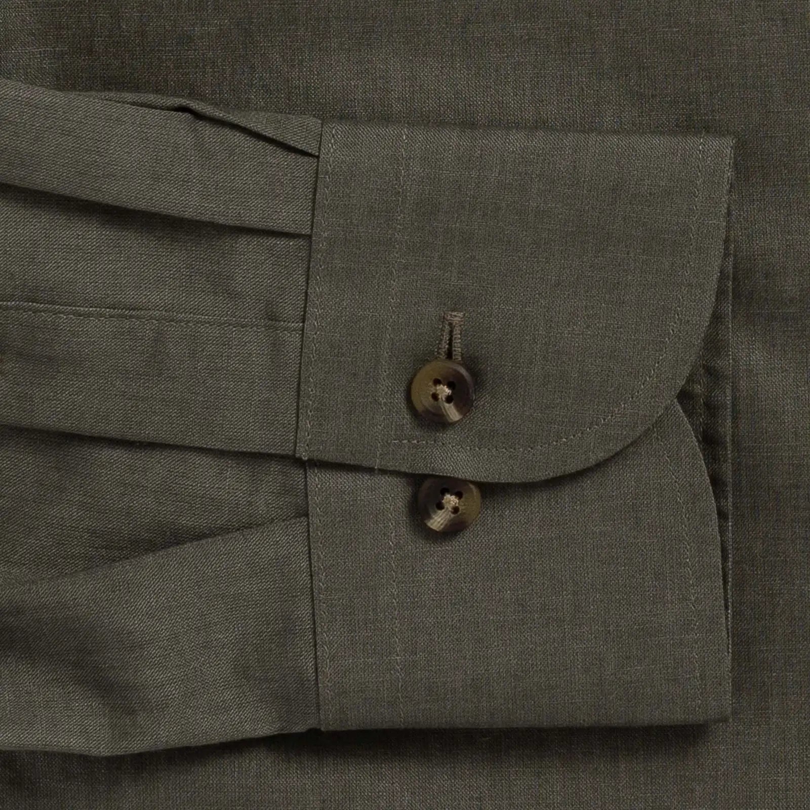 Dark olive Varley Cotton Linen custom shirt - sleeve and cuff close-up