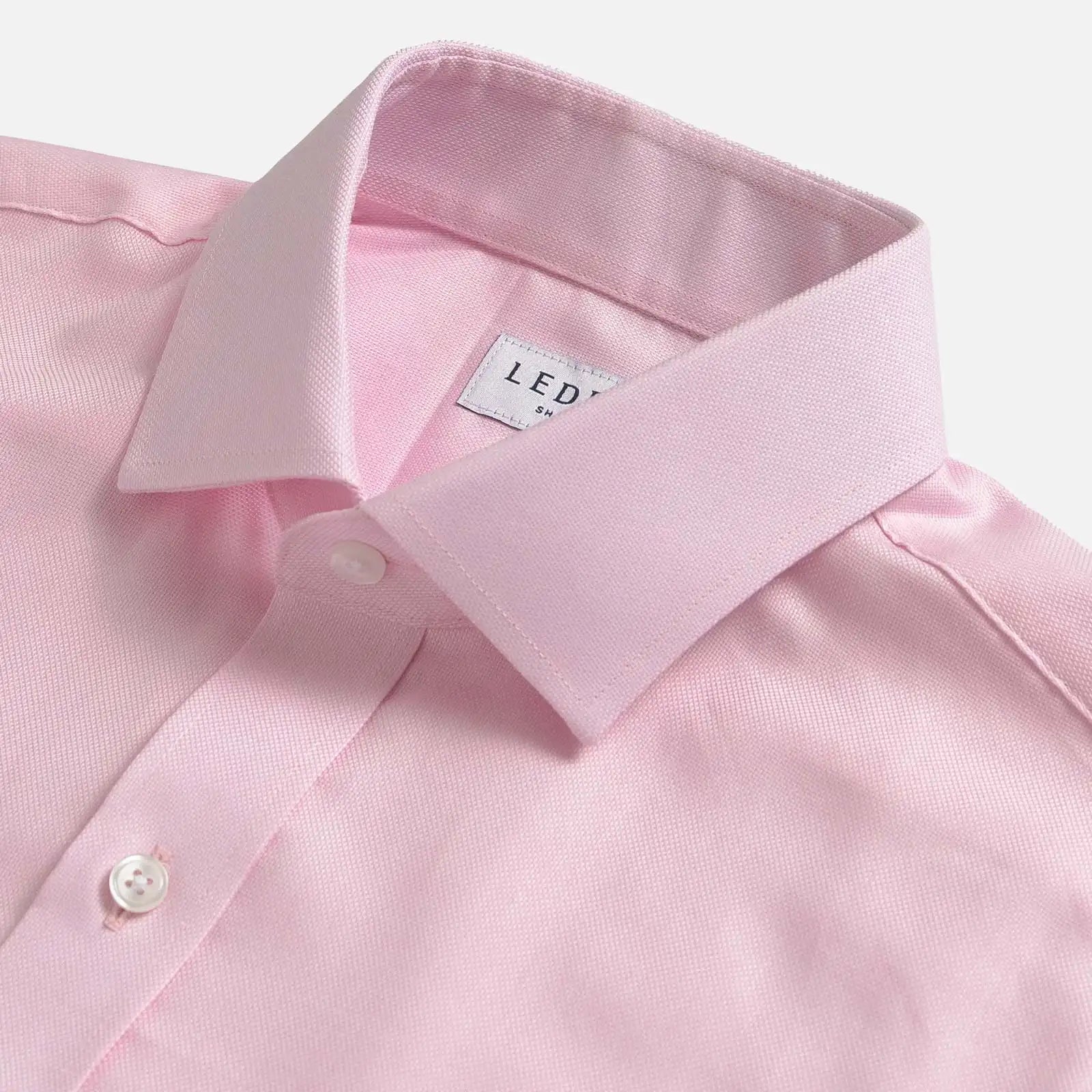Pink Ancroft Royal Oxford shirt collar detail - semi spread quint collar close-up