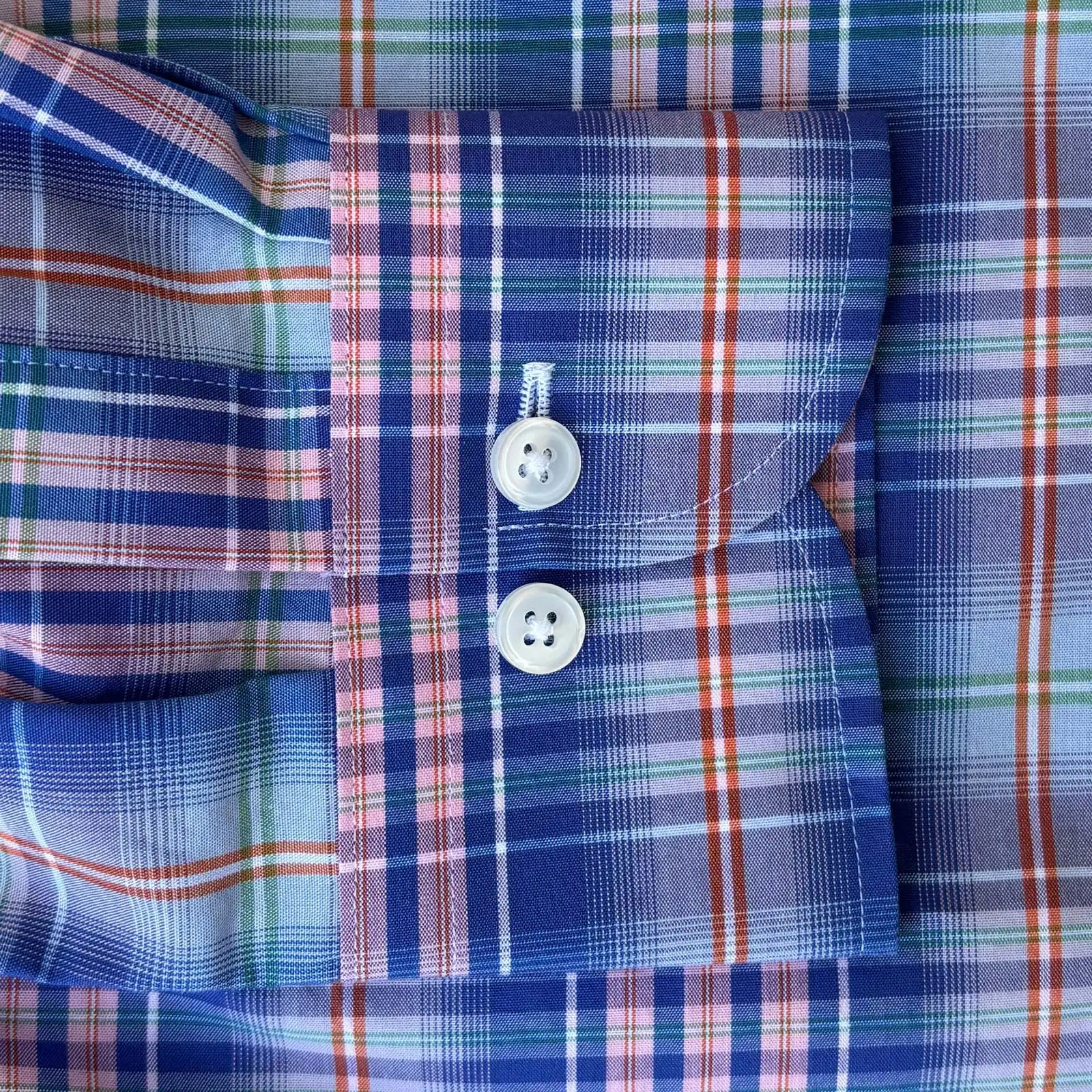 Blueberry Milo Plaid custom shirt - sleeve and double button barrel cuff close-up