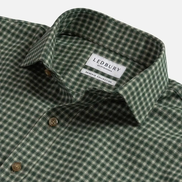 Close-up of a green and white checkered button-down shirt collar with a visible LEDBURY brand label.
