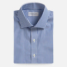 A folded men's dress shirt by Ledbury, featuring a blue and white vertical stripe pattern, a classic collar, and white buttons, presented on a clean light gray background.